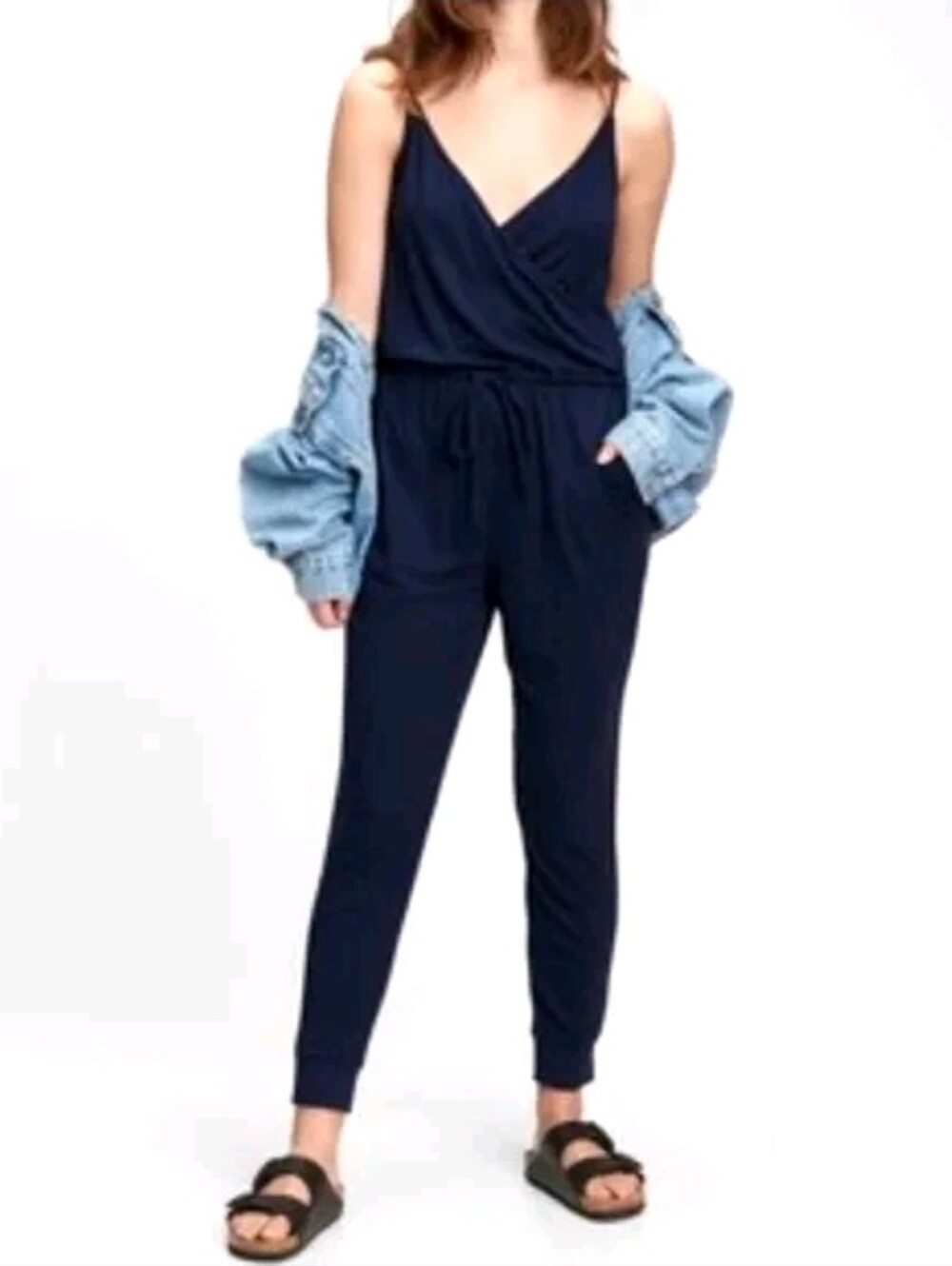 GAP Surplice Spaghetti Strap Tie-Waist Jumpsuit Navy Blue ribbed jogger Medium